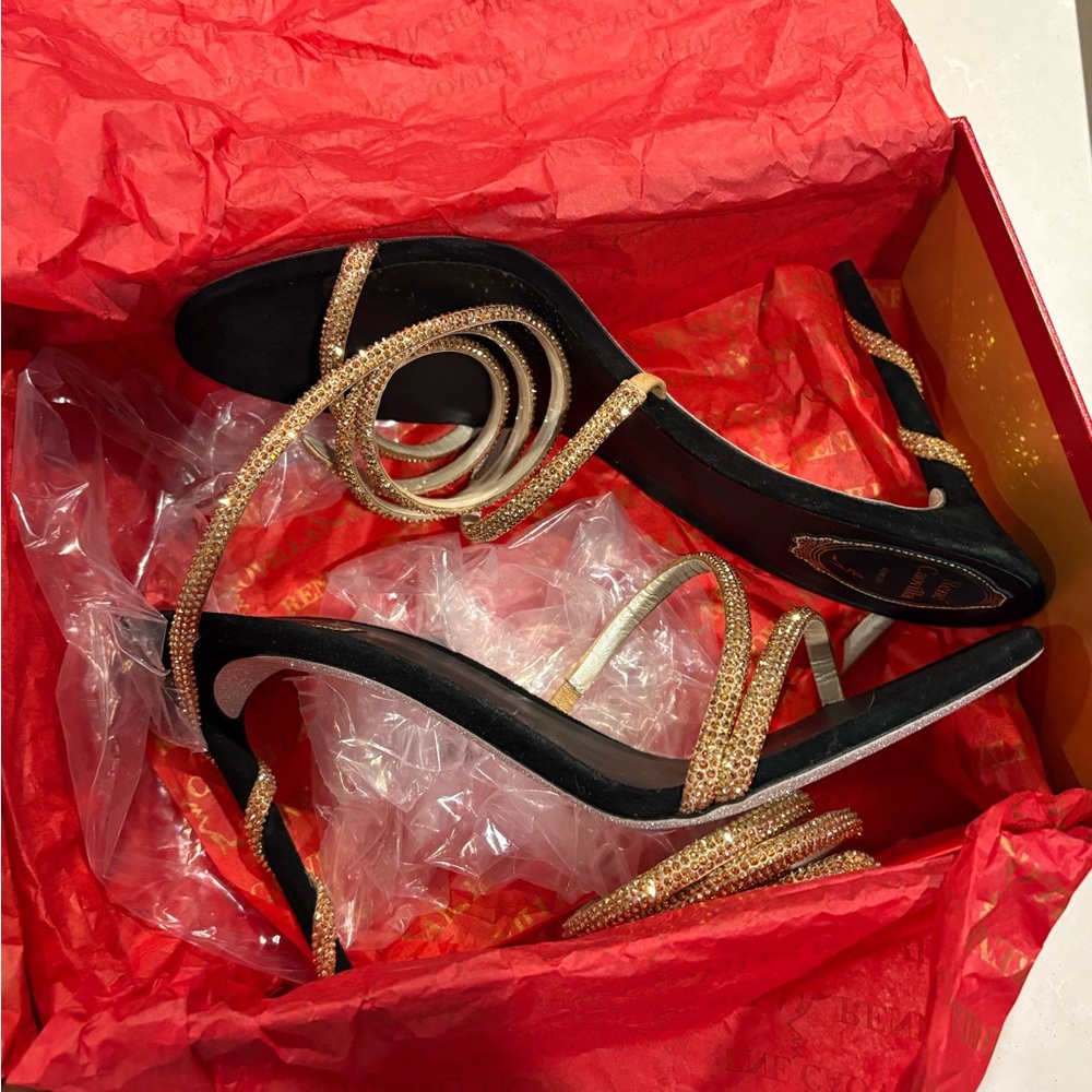 Rene Caovilla Gold and Black Crystal Wrap-Heel Sandals